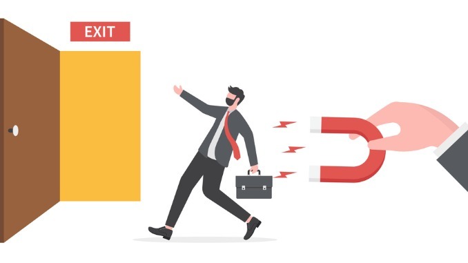 Incentive and welfare program for employee retention, building staffs loyalty reduce resignation rate for important talent, boss holding magnet to pull back resigned or leaving employee
