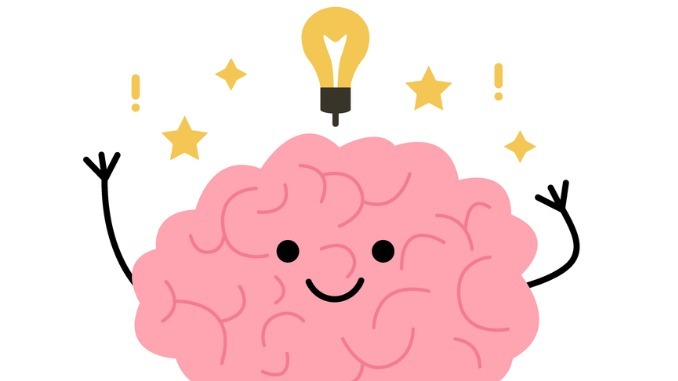 Brain think, light bulb as idea, cute child character. Happy brain learn and finds solution.