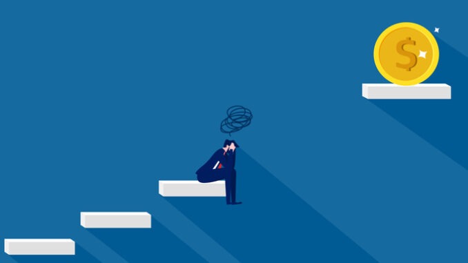 businessman is sad about the gap between the stairs and the coin