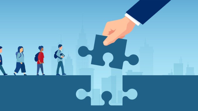 Vector of a teacher hand holding puzzle piece bridging the gap 
