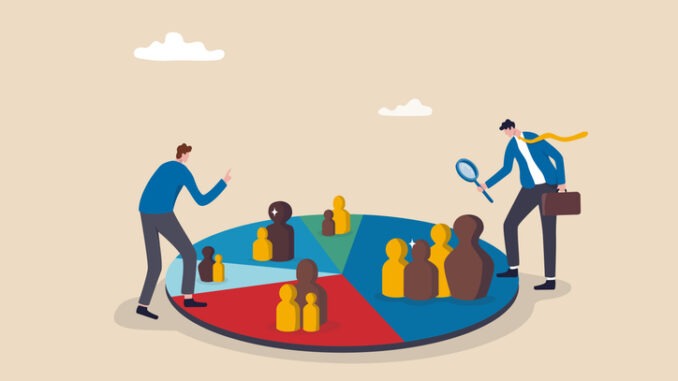 Customer segment analysis for marketing or advertising, target audience, consumer or user group, demographic data or profile to target concept, business team analyzing customer segment pie chart.