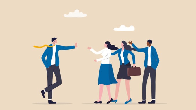 Assertive communication for leadership, behavior to compromise to solve problem without aggressive or passive acceptance concept, businessman leader with calmness stop gesture to manage employees.