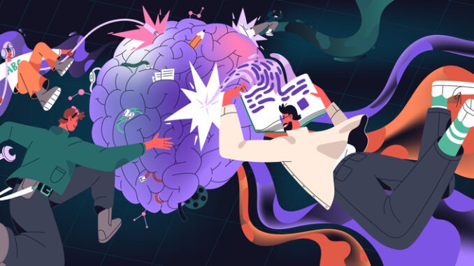 Mind, intelligence concept. Brain work process, consuming information, knowledge. Mental development, creative education, learning, neurobiology science research, innovation. Flat vector illustration