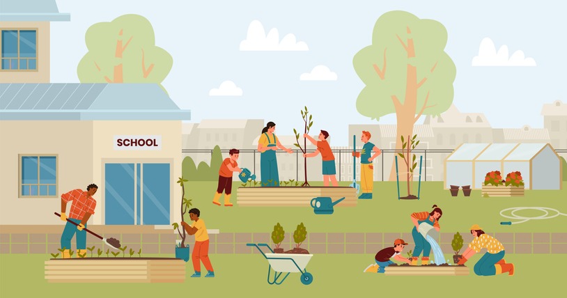 Teachers and children planting trees and bushes in the school backyard flat vector illustration. School garden with people,
