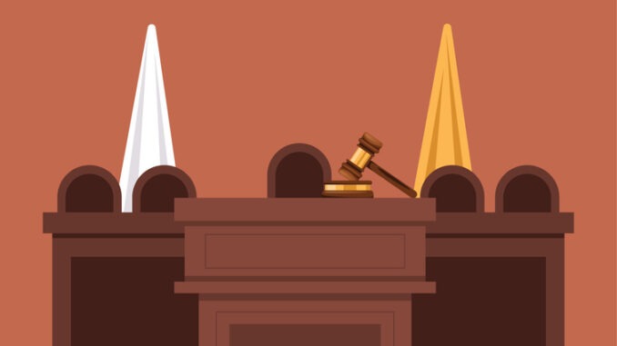 Courtroom judge house interior concept. Vector flat graphic design element illustration