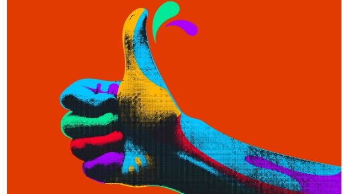 Thumb up like hand halftone with colorful paint splashes vector design.