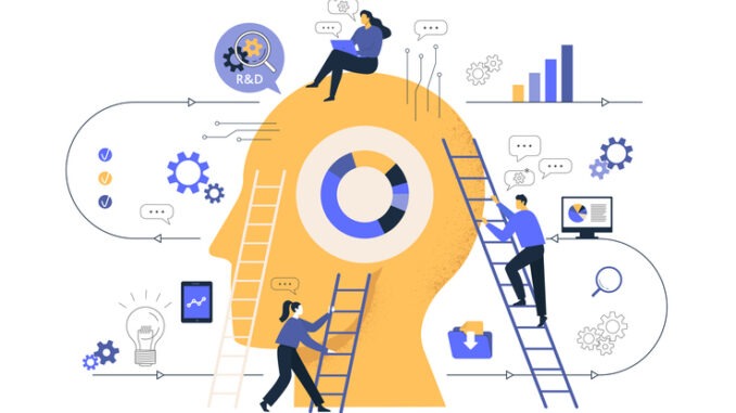 Сreative of business graphics, the company is engaged in joint search for ideas, abstract person's head, filled with ideas of thought and analytics, replacing old with new. Vector illustration.