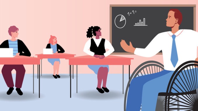 Inclusive teacher in wheelchair with students in classroom at school, flat vector stock illustration as concept of education