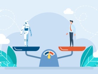 Balance scales human vs robot. Competition concept artificial intelligence digital technology. Robot standing on the scale and equal to businessman. Artificial intelligence robot. Vector illustration