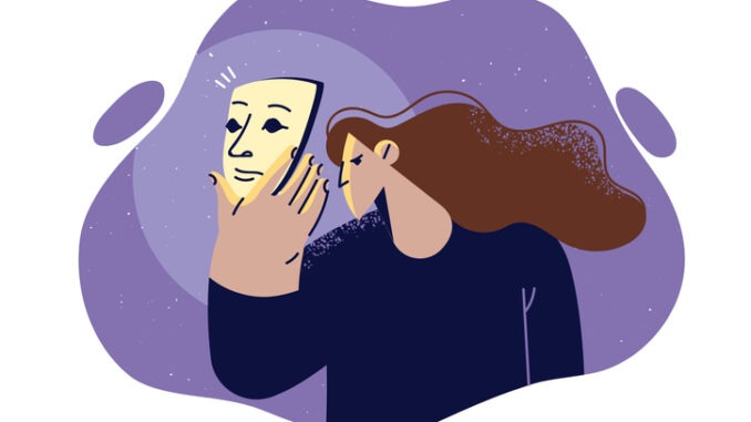 Woman puts on theatrical mask to hide true emotions and commit act of fraud against person