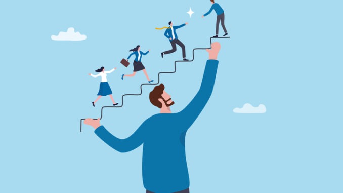 Support employee to reach success and career growth, mentor or coaching help employee engagement, working community, teamwork or career development, businessman manager help colleague growing stair.