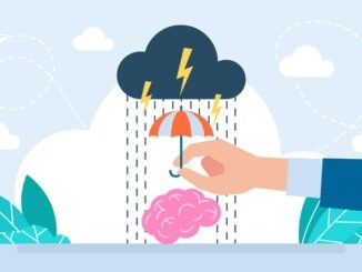 Mental health protection concept, help for depression, anxiety, man using umbrella to protect human brain from storm.