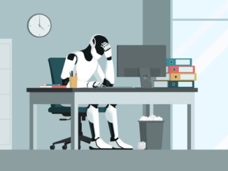 Depressed exhausted AI robot working in the office