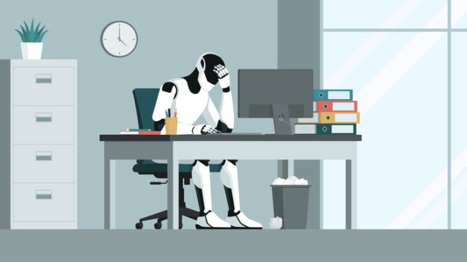 Depressed exhausted AI robot working in the office