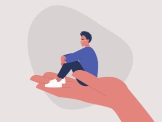 A young male character sitting on a hand palm,