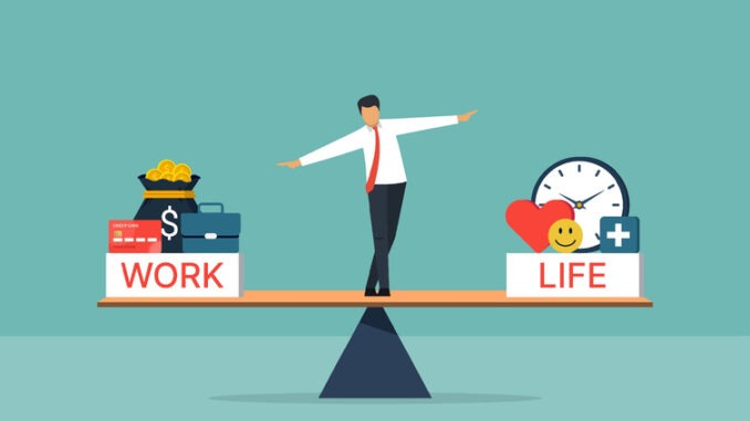 Work life balance concept, businessman standing with WORK and LIFE on seesaw