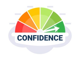 Gauge graphic depicting confidence level with an arrow in the green zone on a white and gray gradient background