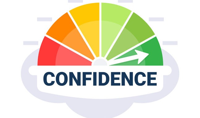 Gauge graphic depicting confidence level with an arrow in the green zone on a white and gray gradient background