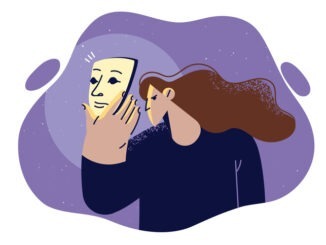 Woman puts on theatrical mask to hide true emotions