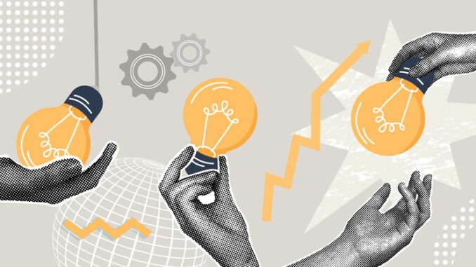 Trendy halftone collage Hands holding a light bulb. New ideas and solutions in business.Learning and education concept. Creative mind and brainstorming
