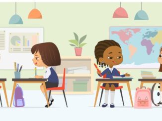 Lesson inclusive school uniform classmates sitting at tables studying together