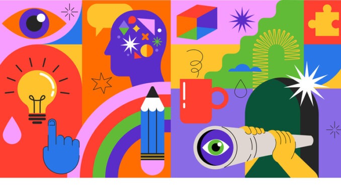 Idea, thinking out of the box, creativity and design concept background, banner, poster. Geometrical style vector design with light bulb, brain, pencil