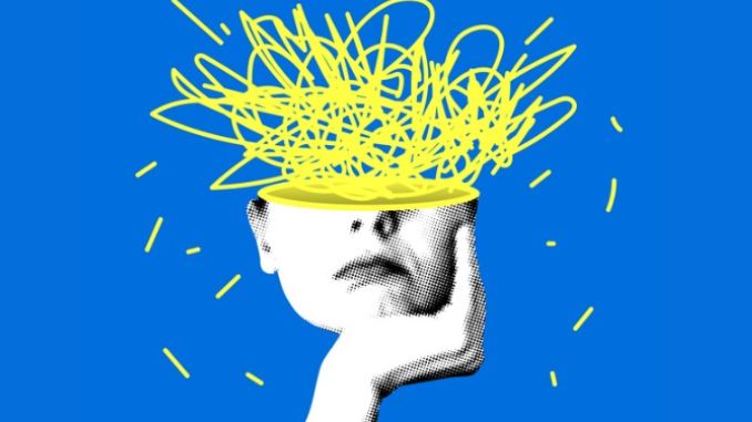 Upset woman props her head up with her hand. Modern collage.