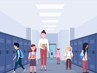female teacher with mix race schoolchildren group in school lobby corridor interior with rows of blue lockers education concept horizontal full length flat