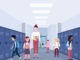 female teacher with mix race schoolchildren group in school lobby corridor interior with rows of blue lockers education concept horizontal full length flat
