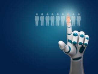 robot hand selecting a person symbol out of many in front of a blue background
