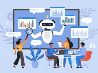Artificial intelligence tool for data analysis business concept. Modern vector illustration of people using AI technology for charts and marketing strategy