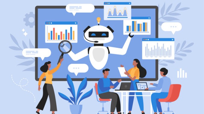 Artificial intelligence tool for data analysis business concept. Modern vector illustration of people using AI technology for charts and marketing strategy