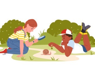 Kids explore nature with magnifying glass in summer garden or park