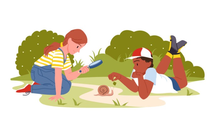 Kids explore nature with magnifying glass in summer garden or park 