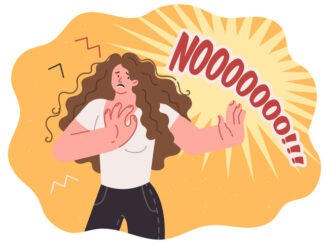 Frightened woman screams no, resisting discrimination and trying to stop unacceptable actions