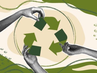 Fashionable halftone collage. Recycling concept, arrow symbol, people team. Successful strategy.