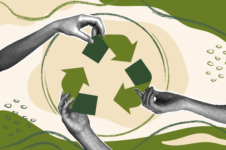 Fashionable halftone collage. Recycling concept, arrow symbol, people team. Successful strategy.