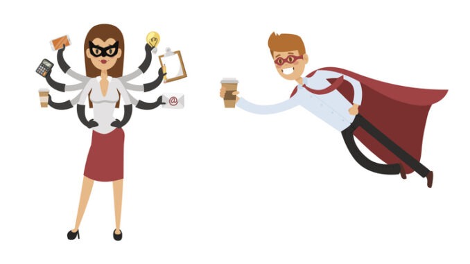 Superhero business man woman vector illustration set character success cartoon power concept businessman strong person silhouette leader team isolated