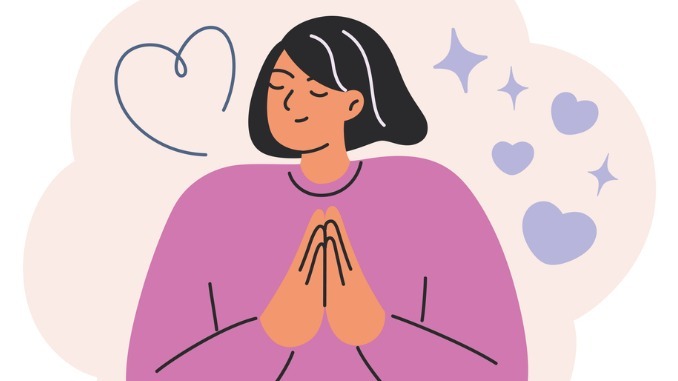 grateful woman with closed eyes and folded hands, symbolizing gratitude, acceptance, and mindfulness.