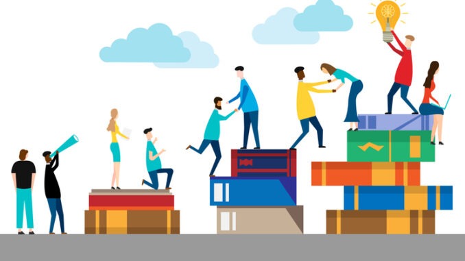 People climbing books.