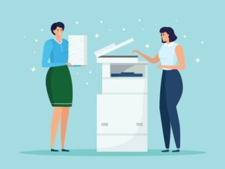 Girl with a stack of papers stands at the printer. Women print documents at the multifunctional device. Vector illustration