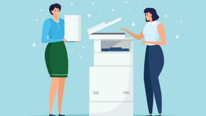 Girl with a stack of papers stands at the printer. Women print documents at the multifunctional device. Vector illustration