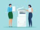 Girl with a stack of papers stands at the printer. Women print documents at the multifunctional device. Vector illustration