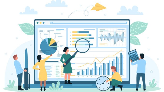 Data monitoring and analysis on desktop vector illustration.