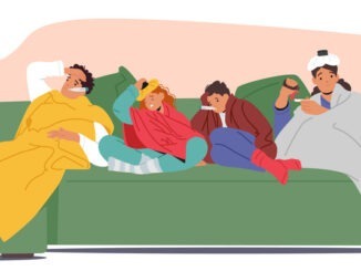 Cartoon Family Characters Are Lying On A Couch, All Appearing Sick. Each Of Them Is Wrapped In Blankets, With Some Holding Tissues, Thermometers, And Hot Water Bottles, Showing Signs Of Cold Or Flu