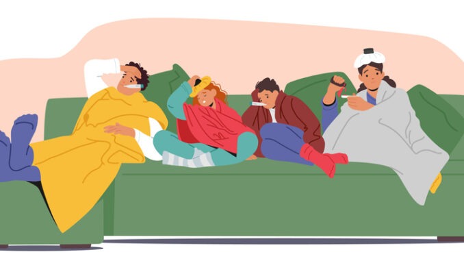 Cartoon Family Characters Are Lying On A Couch, All Appearing Sick. Each Of Them Is Wrapped In Blankets, With Some Holding Tissues, Thermometers, And Hot Water Bottles, Showing Signs Of Cold Or Flu