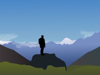 A trekker stands alone atop a mountain, silhouetted against a vast, tranquil landscape. This minimalist vector illustration captures the essence of adventure, achievement.