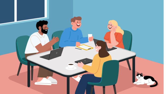 Business team working at home. People talking about a new project.