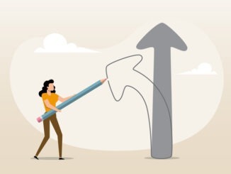 An illustration of businesswoman draw new arrow metaphor of change direction.
