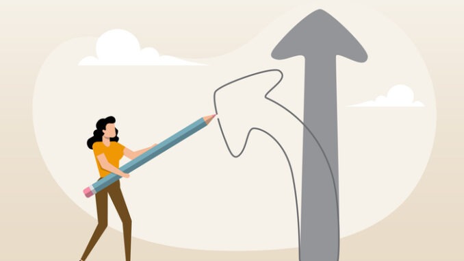 An illustration of businesswoman draw new arrow metaphor of change direction. 